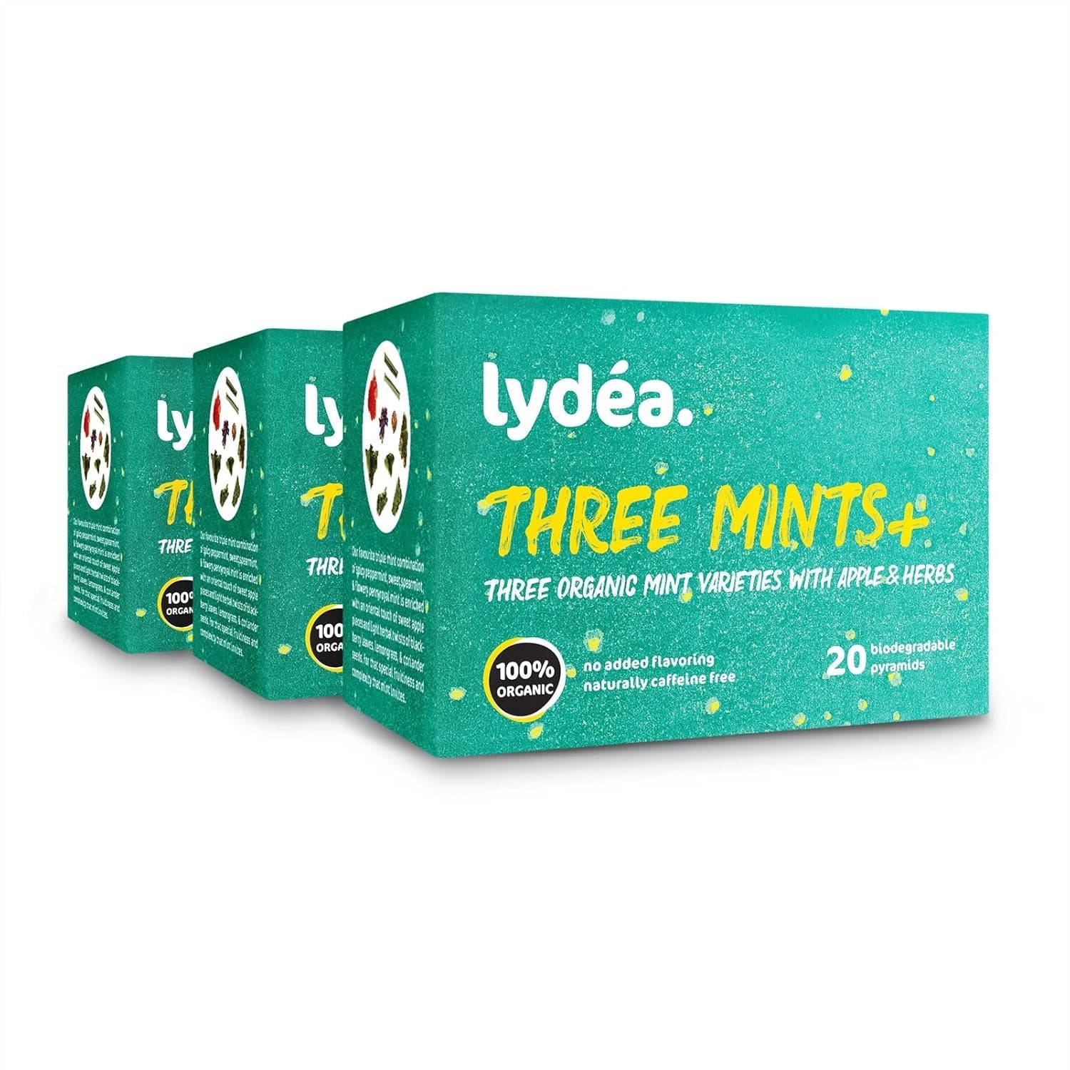 Lydea Three Mints+ Tisana Biologica con Tre Assortimenti di Menta, Mela ed Erbe, 60 Piramidi, Confezione da 3 [3 x 20 Piramidi]