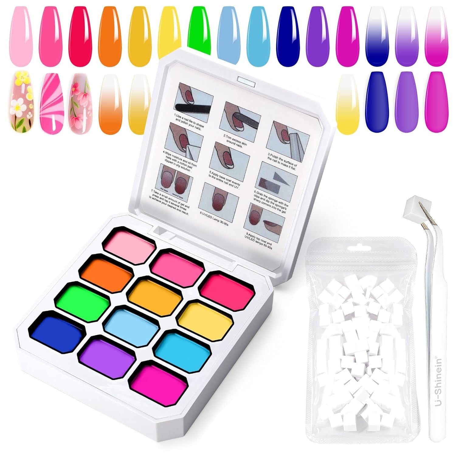 Gel per pittura sfumata, 12 colori di smalto gel sfumato con 100 spugne per unghie e 4 artigli in metallo per french manicure, nail art fai da te, set I