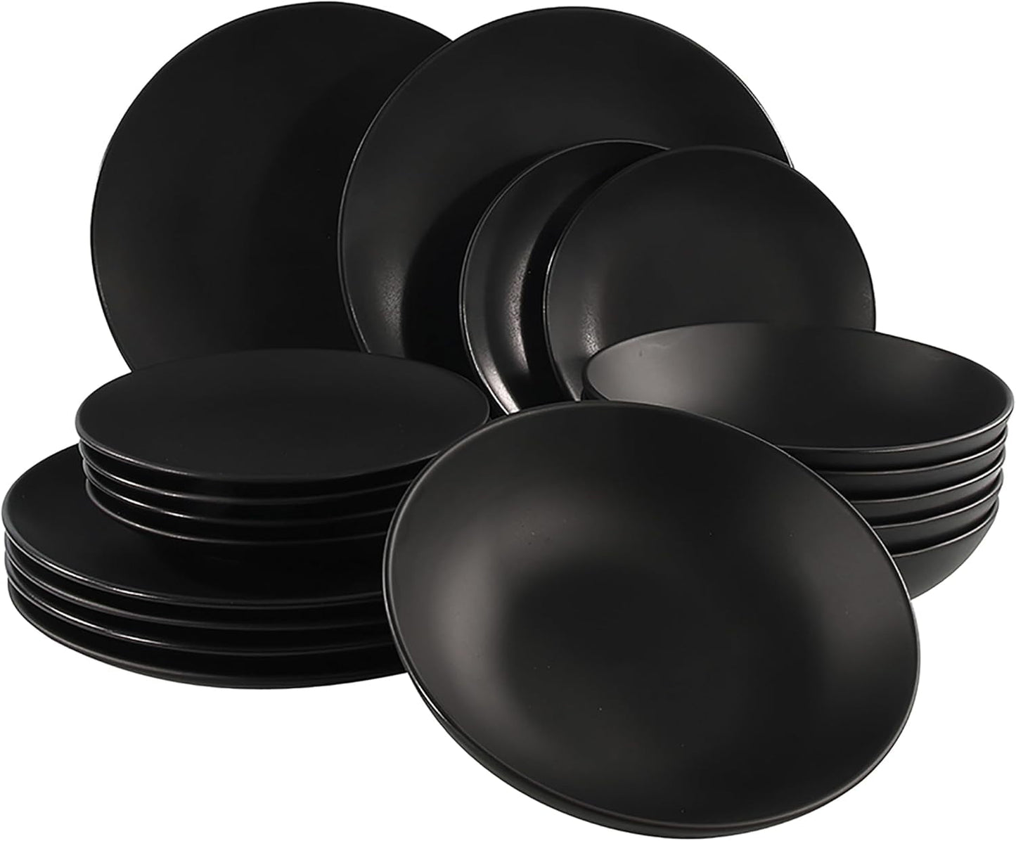 Set di stoviglie in ceramica fine nera opaca - 18 pezzi - Set di stoviglie per 6 inclusi piatti per torta, piatti piani, piatti piani - Lavabile in lavastoviglie