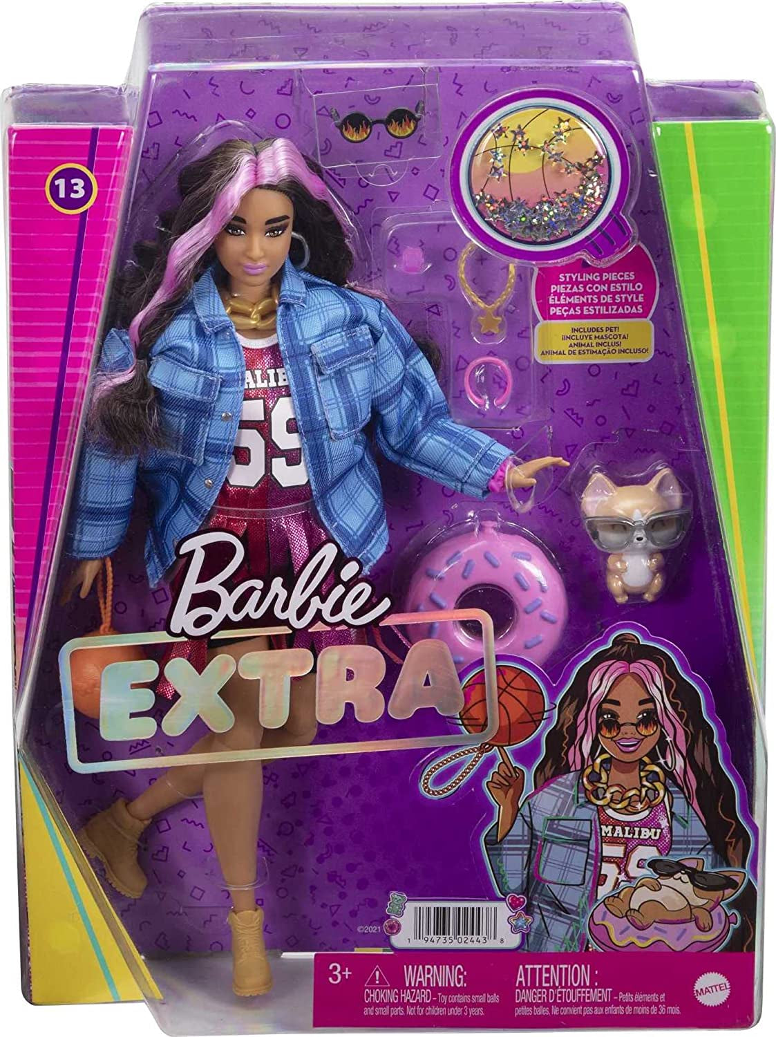 Barbie HDJ46 - Bambola Extra in Abito con Maglia da Basket e Accessori, con Animale Corgi, Capelli Ricci Extra Lunghi con Meches Rosa e Giunti Flessibili, Giocattolo Regalo per Bambini 3+ Naty Shop Dolls