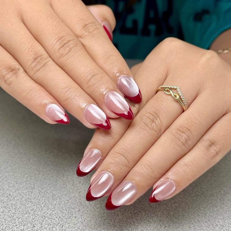 Moonglow Unghie Finte Magnetiche Corte, Occhi di Gatto Glitter Rosa Mandorla Sfumato Rosso con Colla, Unghie Artificiali Fototerapia Glitter Rosa Rosso Ombre per Donne e Ragazze