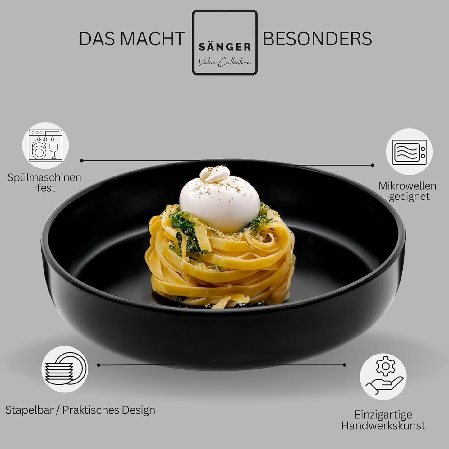 SÄNGER Madeira | Set di stoviglie combinate da 24 pezzi, set di stoviglie in gres per 6 persone, 6 piatti piani, 6 piatti da colazione, 6 piatti piani, 6 ciotole per pasta, set di stoviglie e ciotole, nero opaco | LA COLLEZIONE DI VALORE