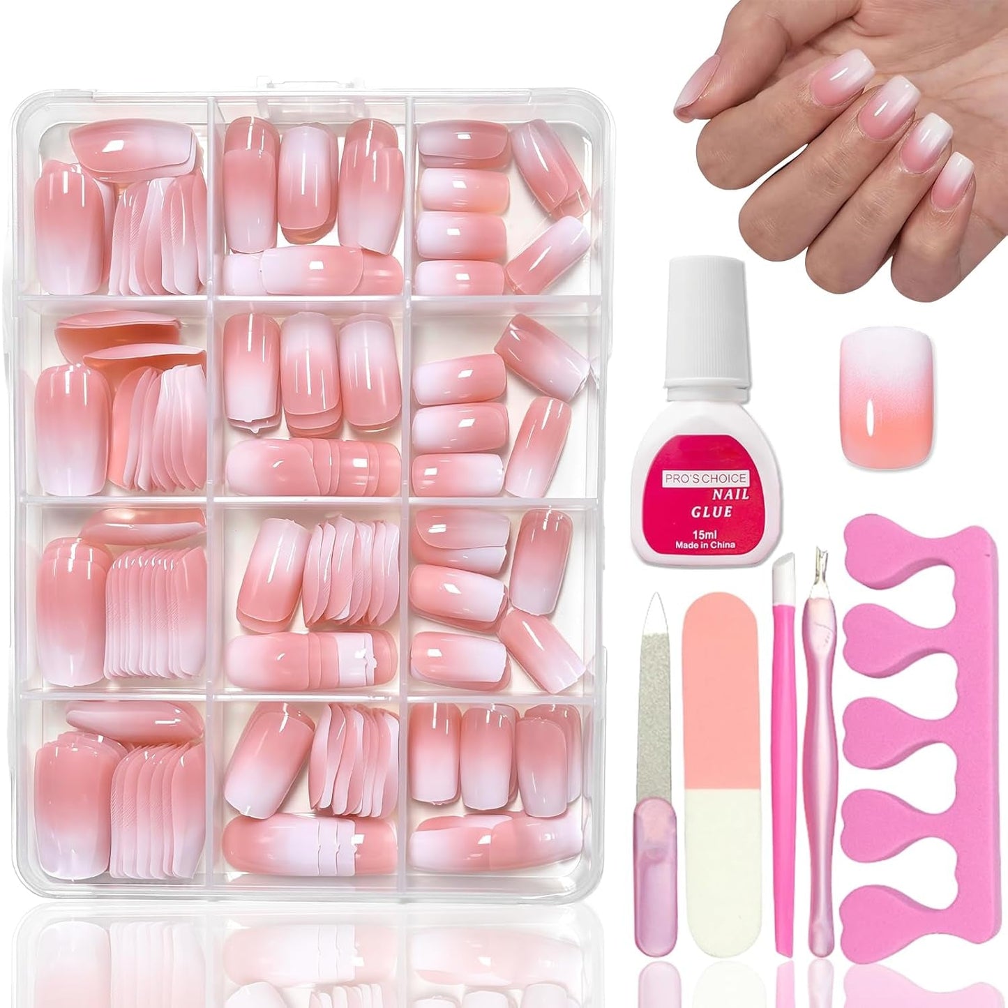 Kit per unghie finte da 360 pezzi - Unghie finte corte rosa nude sfumate bianche - Colla quadrata su unghie finte - Unghie autoadesive lucide a copertura totale per donne e ragazze (quadrate)