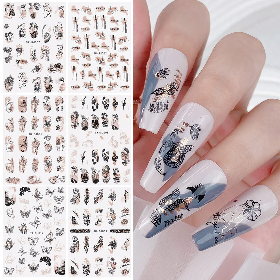 JMEOWIO Nagelsticker Rose Gold Schwarze Blume 12 Blatt Nail Art Sticker Selbstklebend Nagelaufkleber Frühlings Linie Abstract Blatt Dekoration Nageldesign Zubehör