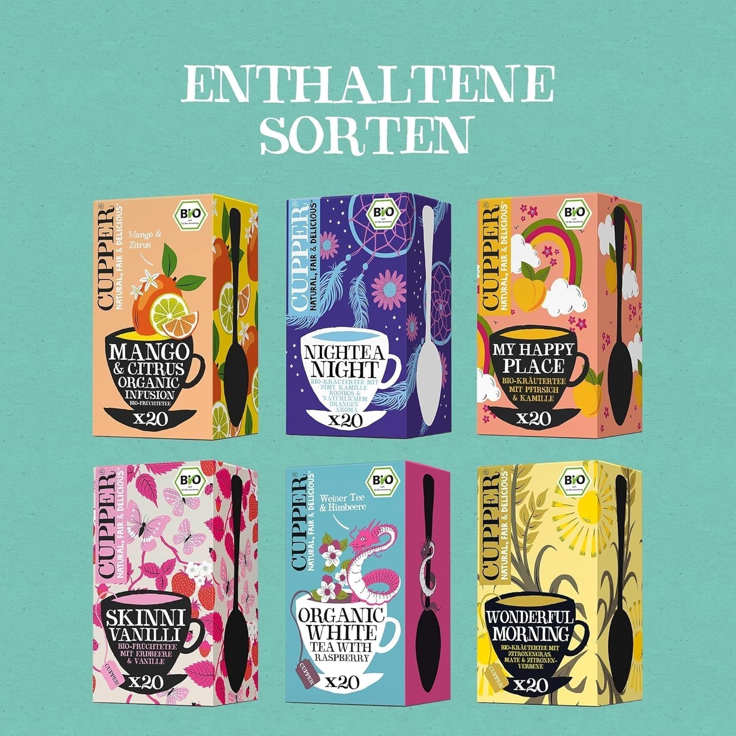 Set regalo di tè biologico Cupper, 6 assortimenti di tè alle erbe e alla frutta per tutto il giorno, set da tè, confezione regalo, collezione di tè biologico selezionato (1 scatola, 78 bustine di tè)