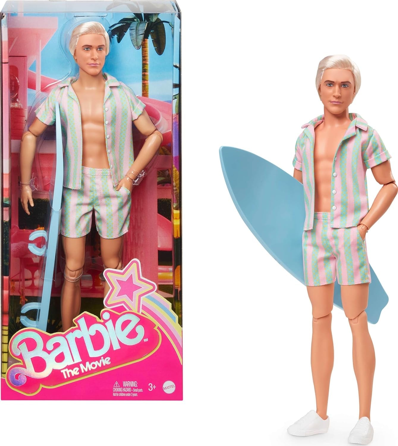 Barbie Movie Ken Barbie Doll in costume da bagno a righe rosa pastello e verde, tavola da surf e scarpe da ginnastica bianche, JBJ54