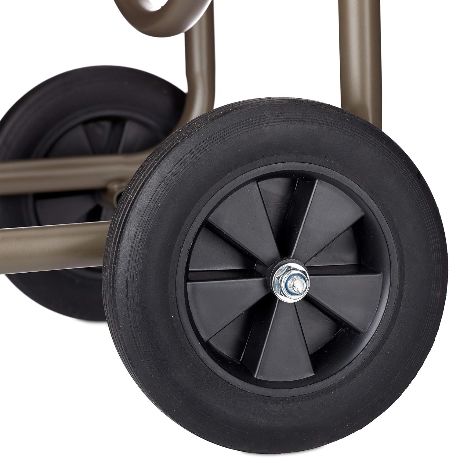Carrello portatubo XL Relaxdays, avvolgitubo mobile, in metallo, per tubo da 60 m, 4 ruote, con manovella, rullo a 90°, marrone