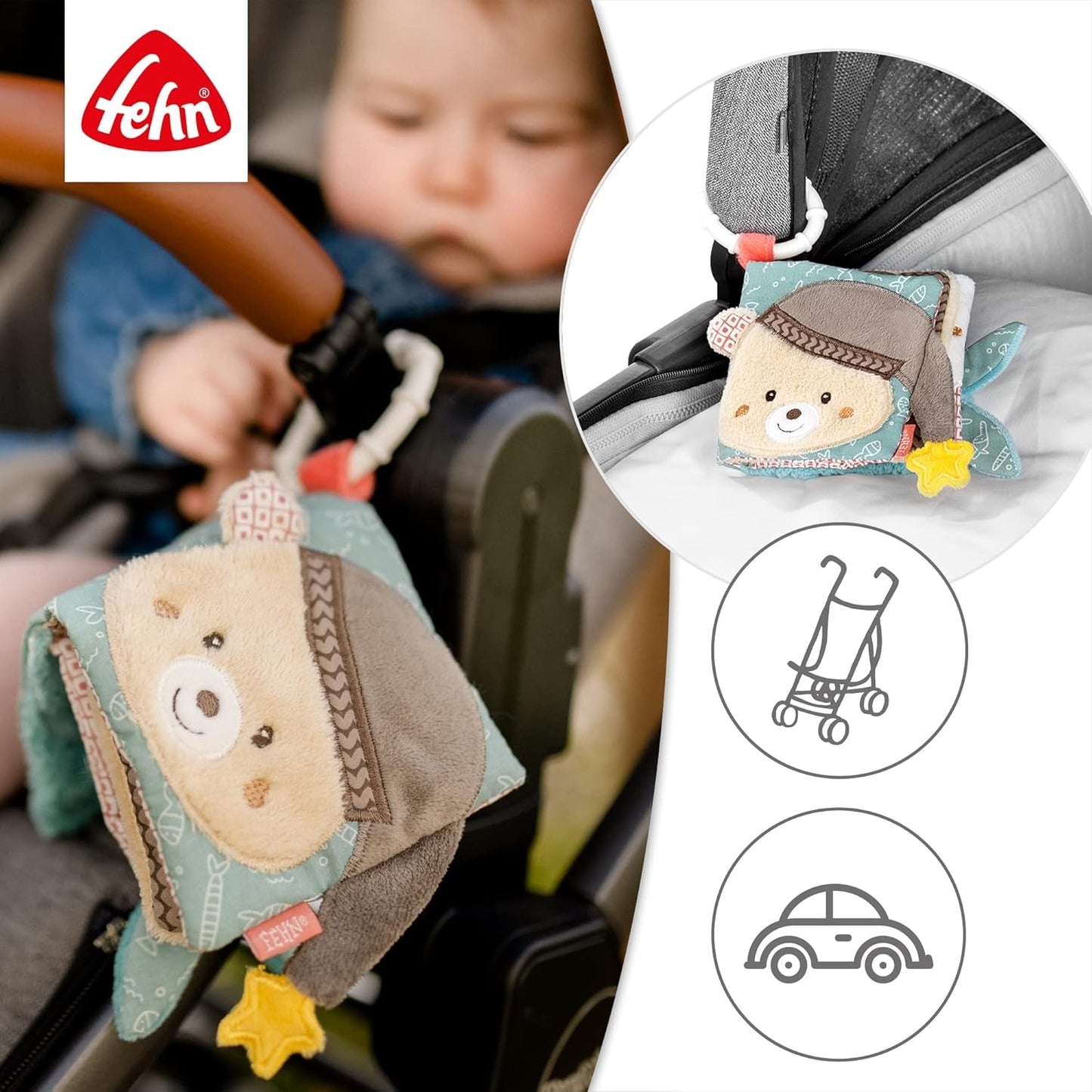 Fehn Libro illustrato morbido Bruno - libro morbido per neonati in stoffa con motivi di animali - libro giocattolo in stoffa da appendere per passeggini e seggiolini auto - libro con petardi per neonati e bambini da 0+ mesi Baby Toys Naty Shop