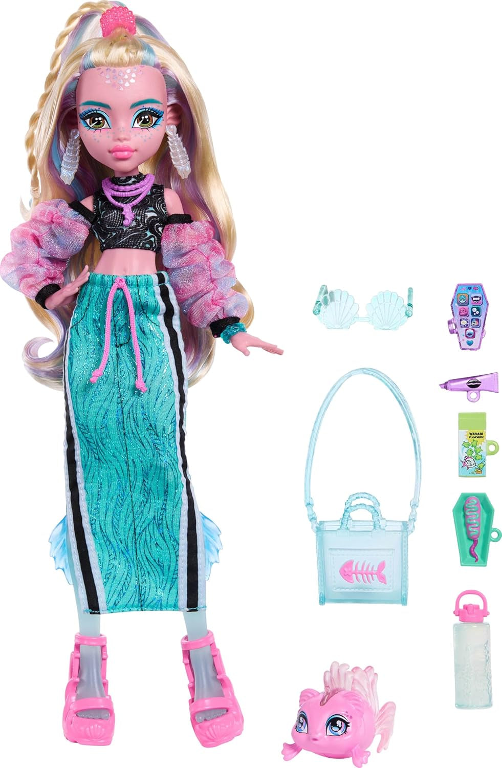 Monster High Lagoona Blu Neptuna Pesce Top Corto e Maxi Gonna Sportiva Bambola con 7 Accessori Tra Cui Occhiali da Sole a Conchiglia, Snack e Borsa, JHK33