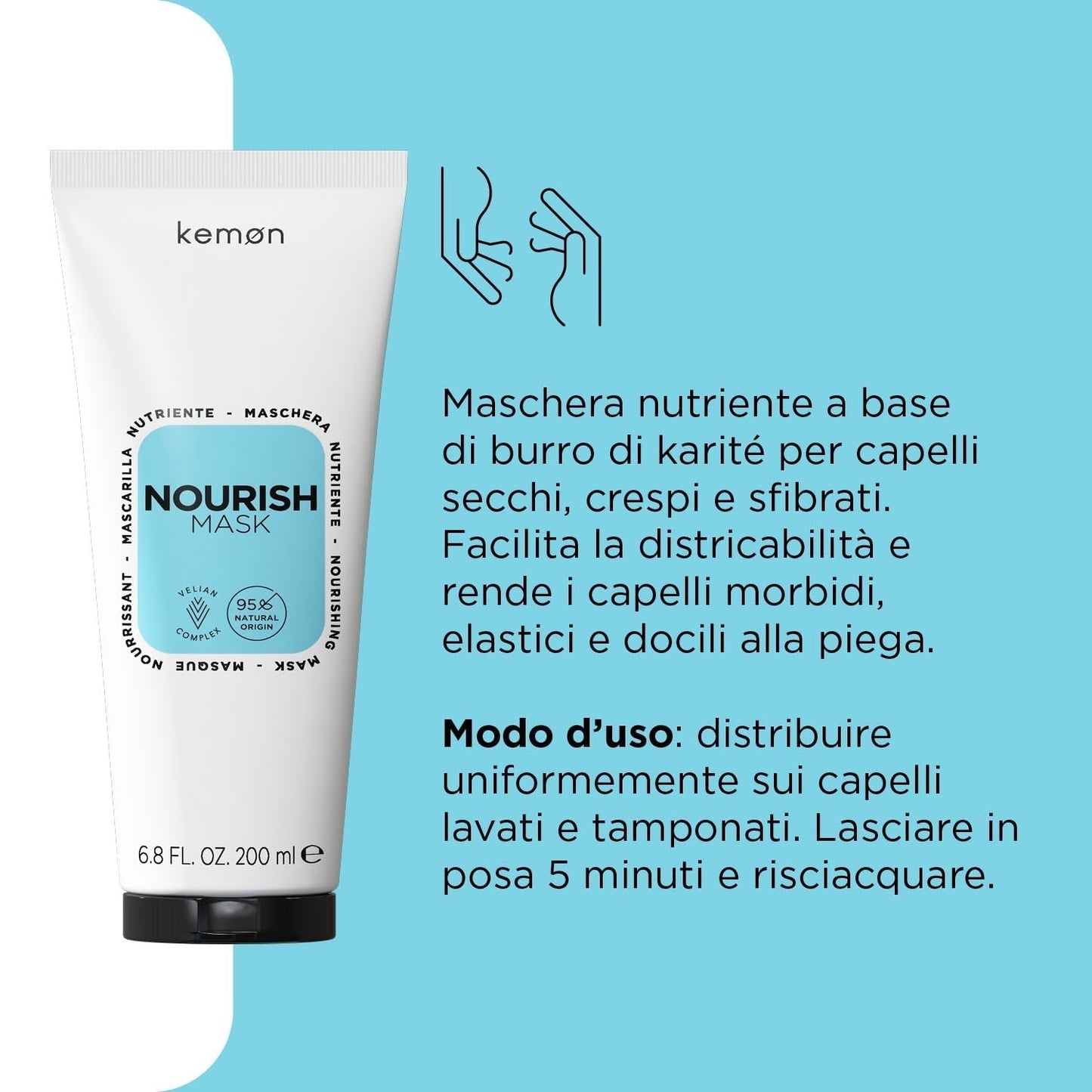 Kemon - Nourish Mask, maschera nutriente per capelli fragili, secchi e ricci, a base di burro di karitè, favorisce la districazione, per capelli morbidi, 200 ml Naty Shop Hair Mask