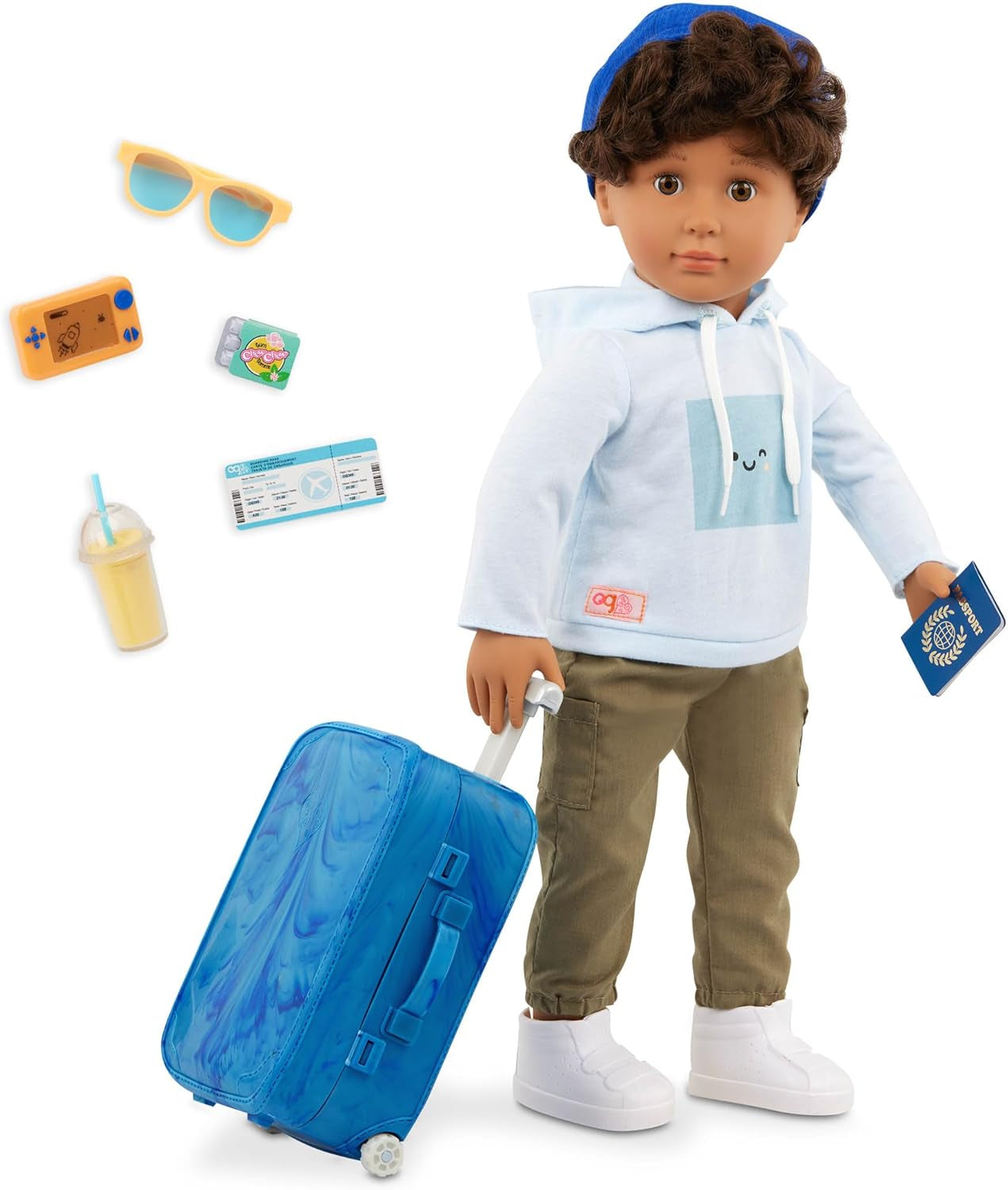 Our Generation - Milo - Bambola ragazzo da 46 cm - Occhi castani realistici e capelli castani ricci - Valigia con ruote e accessori da viaggio - Gioco di finzione - Giocattolo dai 3 anni in su