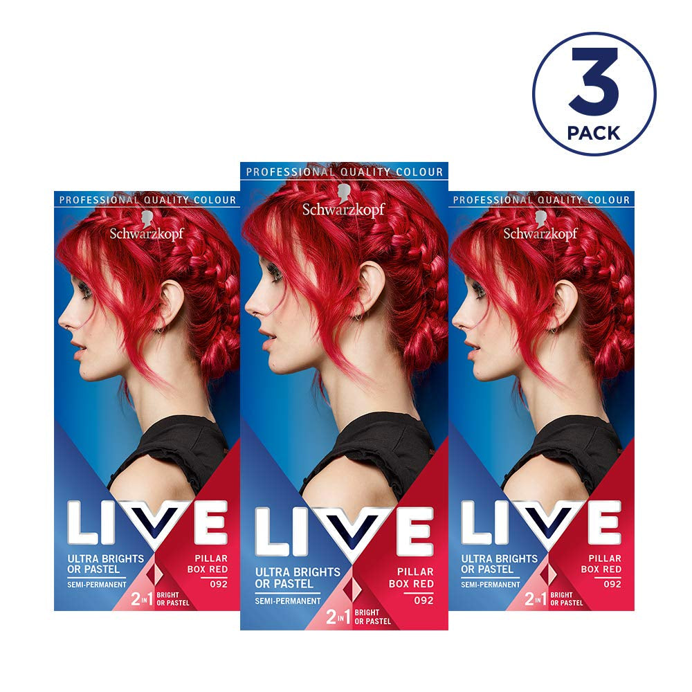Tintura per capelli Live ultra brillante o rosso pastello, 3 pezzi, colore semipermanente che dura fino a 15 lavaggi - 092 Pillar Box Red Naty Shop Tinture per capelli