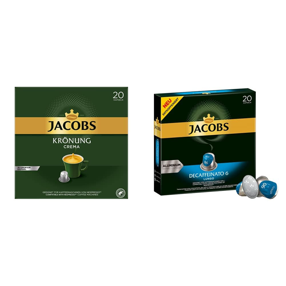 Jacobs Kaffeekapseln Krönung Crema, Confezione da 10, 10 x 20 Getränke, 1040 g & Kaffeekapseln Lungo Decaffeinato- Intensität 6-200 Capsule compatibili Nespresso, 10er Pack, 10 x 20 Getränke