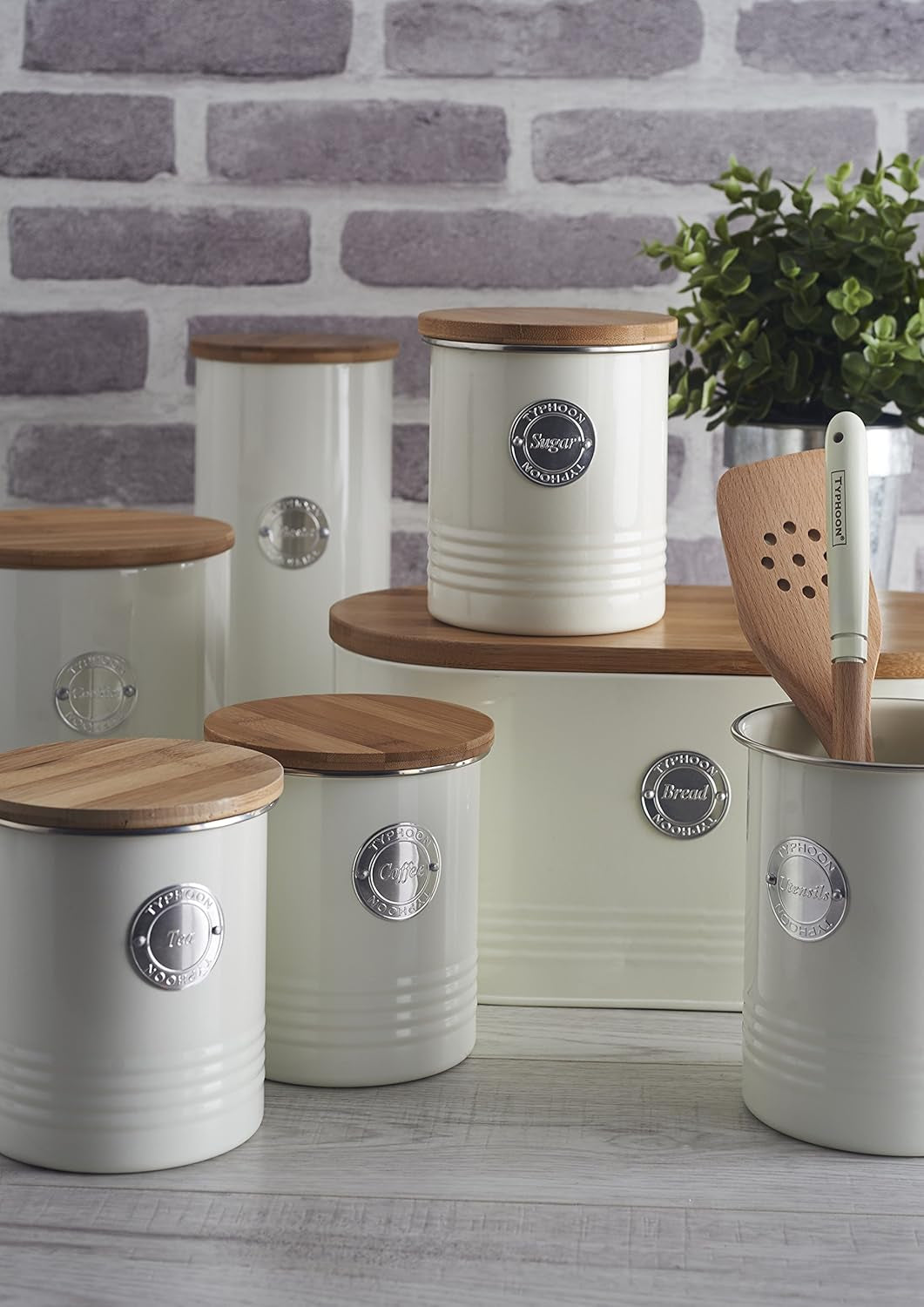 , Cestino per il pane in acciaio inox "Living", colore crema, con coperchio in bambù, crema Contenitori per alimenti Naty Shop