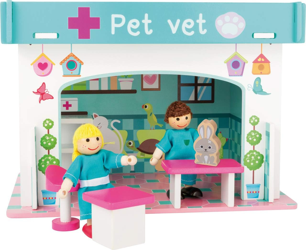 Small Foot 10852 Casetta da gioco Ristorante In legno, Con 2 bambole, accessori e tetto rimovibile, A partire da 3 anni Case delle bambole Naty Shop Clinica veterinaria