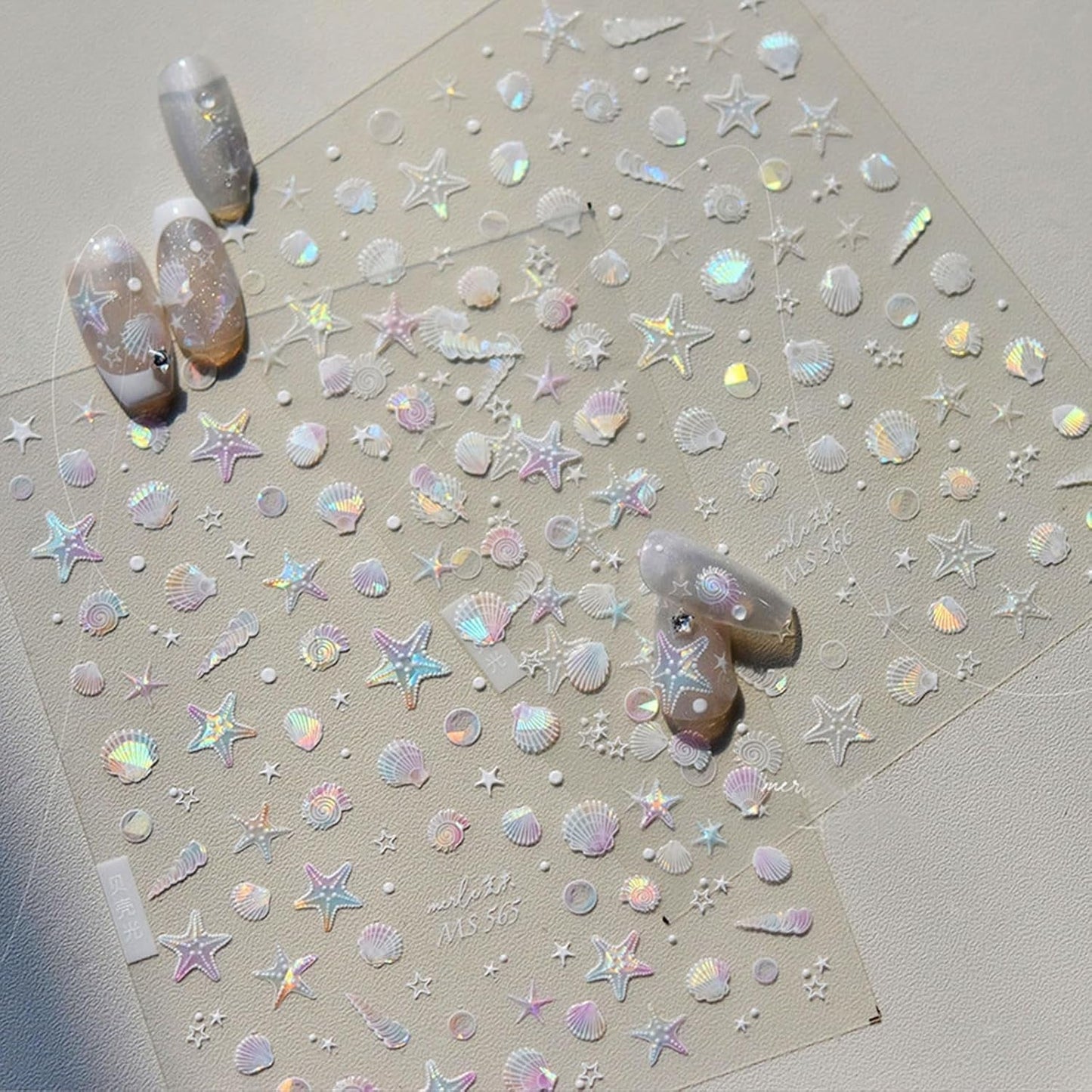 JMEOWIO 3D Nagelsticker Aurora Muschel Seestern Nail Art Sticker Self-klebend Nagelaufkleber 5D Stereoscopico Ozean Thema Dekoration Nageldesign Zubehör 1 Blatt