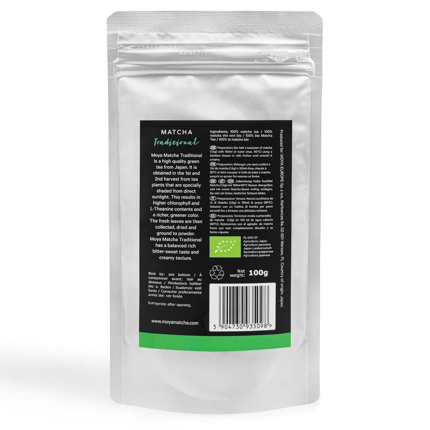 Tè verde biologico Moya Matcha in polvere | 100 g qualità cerimonia tradizionale 30 g | Coltivato e raccolto biologicamente a Uji, in Giappone | Perfetto da bere con acqua, matcha latte, frullati e limonate