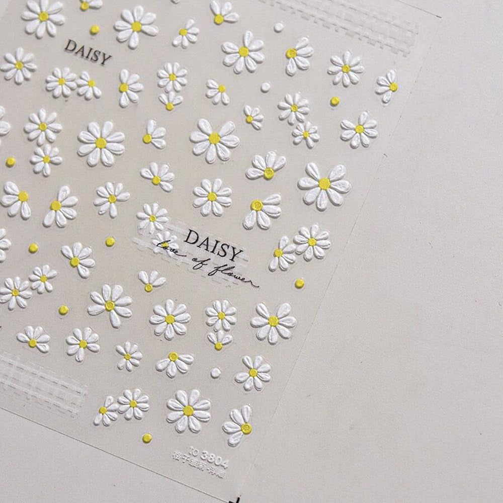 Adesivi per unghie Margherite bianche in rilievo 5D Adesivi per unghie Fiori Adesivi autoadesivi in ​​lamina di fiori Adesivi per nail art Margherite Accessori per la decorazione delle unghie Adesivi di design floreale Nail Art