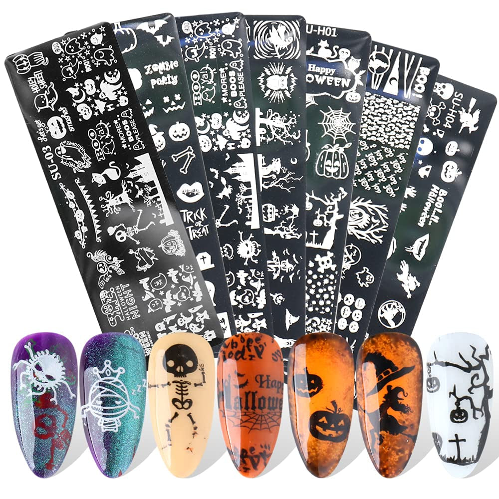 JMEOWIO Nail Stamping Stencil Halloween 6 pezzi Nagelstempel Stencil Nail Art Dekoration Nageldesign Zubehör Böse Gruselige Kürbis-Geisterhexe