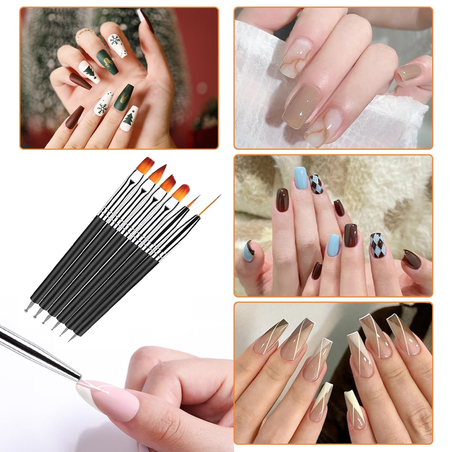 6 Stück Doppel-Ende Nagel Pinsel, Nageldesign Pinsel, Doppel-Ende Nail Art Pinsel Kit Professionale Maniküre Werkzeuge Kit（Nero）