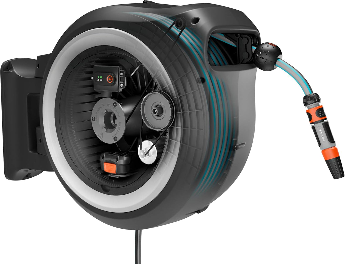 Gardena PowerRoll XXL Solo - Scatola portagomma a parete senza fili: avvolgitubo automatico con tubo da giardino da 40 m, guida tubo e RollControl, alimentato a batteria, resistente ai raggi UV e al gelo (18647-55)