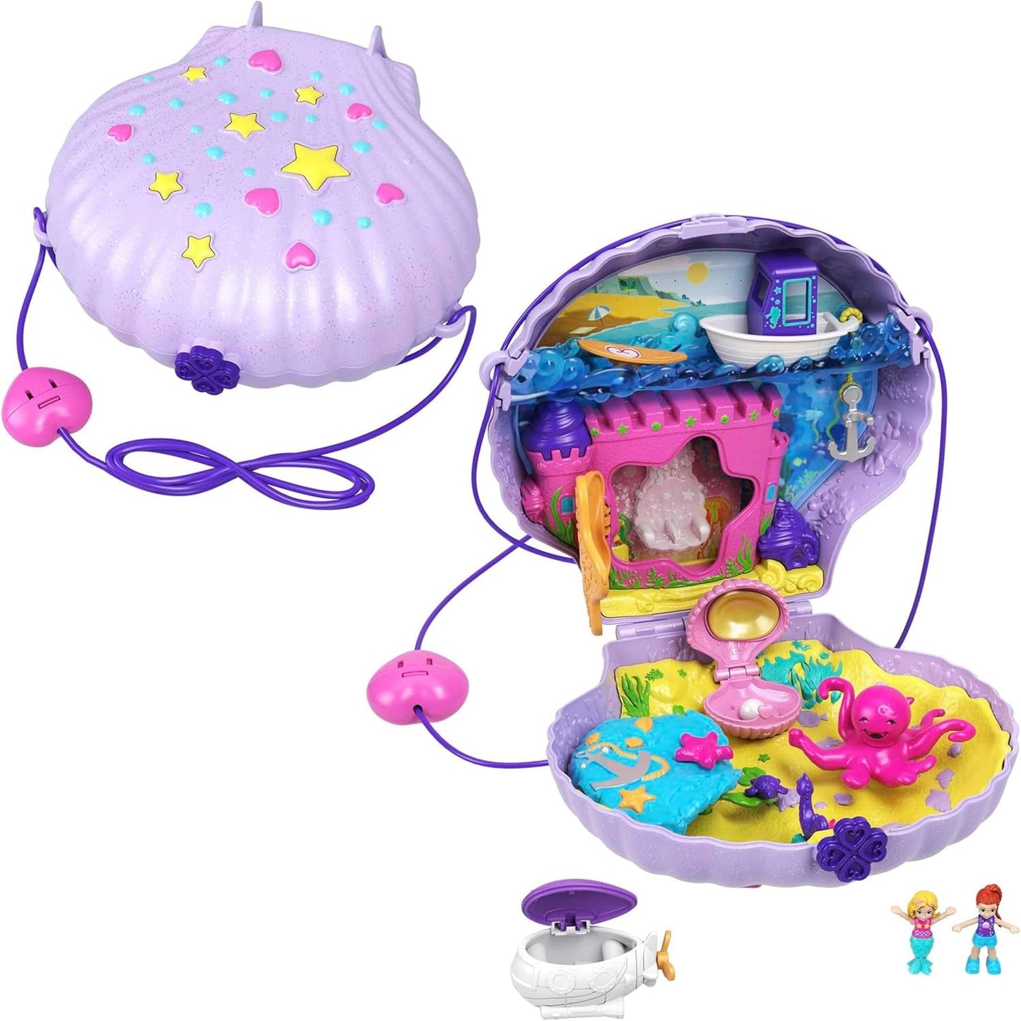 Polly Pocket Scatola Portaoggetti Borsa a Conchiglia con 2 Bambole e 1 Sottomarino Polly Pocket Sirena Giocattolo Età 4+ GNH11
