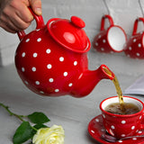 City to Cottage® - Set da tè grande | Rosso e bianco | Punti | Fatto a mano | Teiera in ceramica 1,7 litri, lattiera, zuccheriera