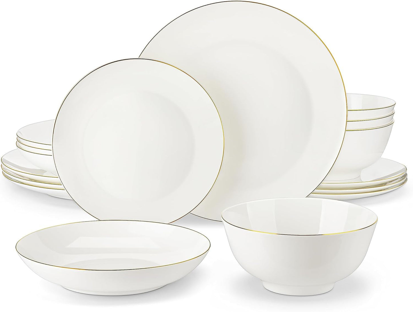 MALACASA Servizio Piatti 4 Persone Bone China Servizio Piatti 16 Pezzi Rotondo Bianco con Bordo Oro Set Combinato di 4 Piatti Piani 4 Piatti Dessert 4 Piatti Suma e 4 Ciotole per Cereali Serie NORI