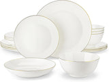 MALACASA Servizio Piatti 4 Persone Bone China Servizio Piatti 16 Pezzi Rotondo Bianco con Bordo Oro Set Combinato di 4 Piatti Piani 4 Piatti Dessert 4 Piatti Suma e 4 Ciotole per Cereali Serie NORI