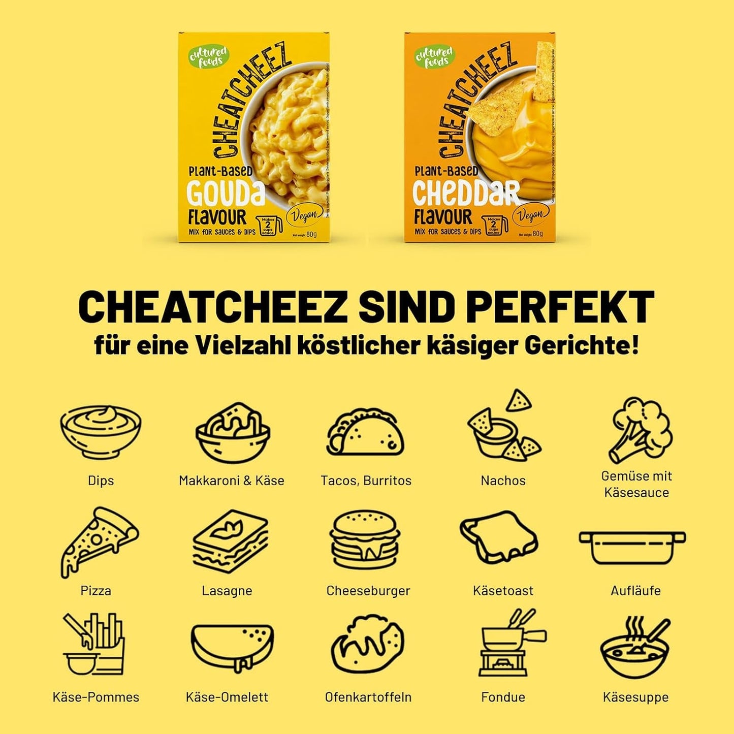 Cultured Foods Vegan 3-er Set Vegan Mac e formaggio, salsa Gouda, salsa Cheddar, Laktosefrei Glutenfrei MAC & CHEEZ CHEATCHEEZ
