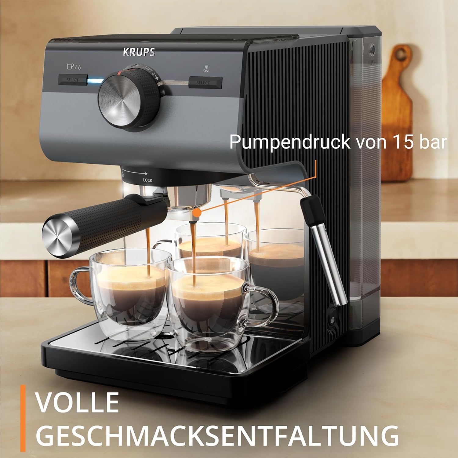 Macchina per caffè espresso KRUPS Authentic+, 15 bar, funzionamento intuitivo, design sofisticato, ugello vapore, accessori estesi inclusi, Bullet Dark silver/Stainless steel, XP384G10
