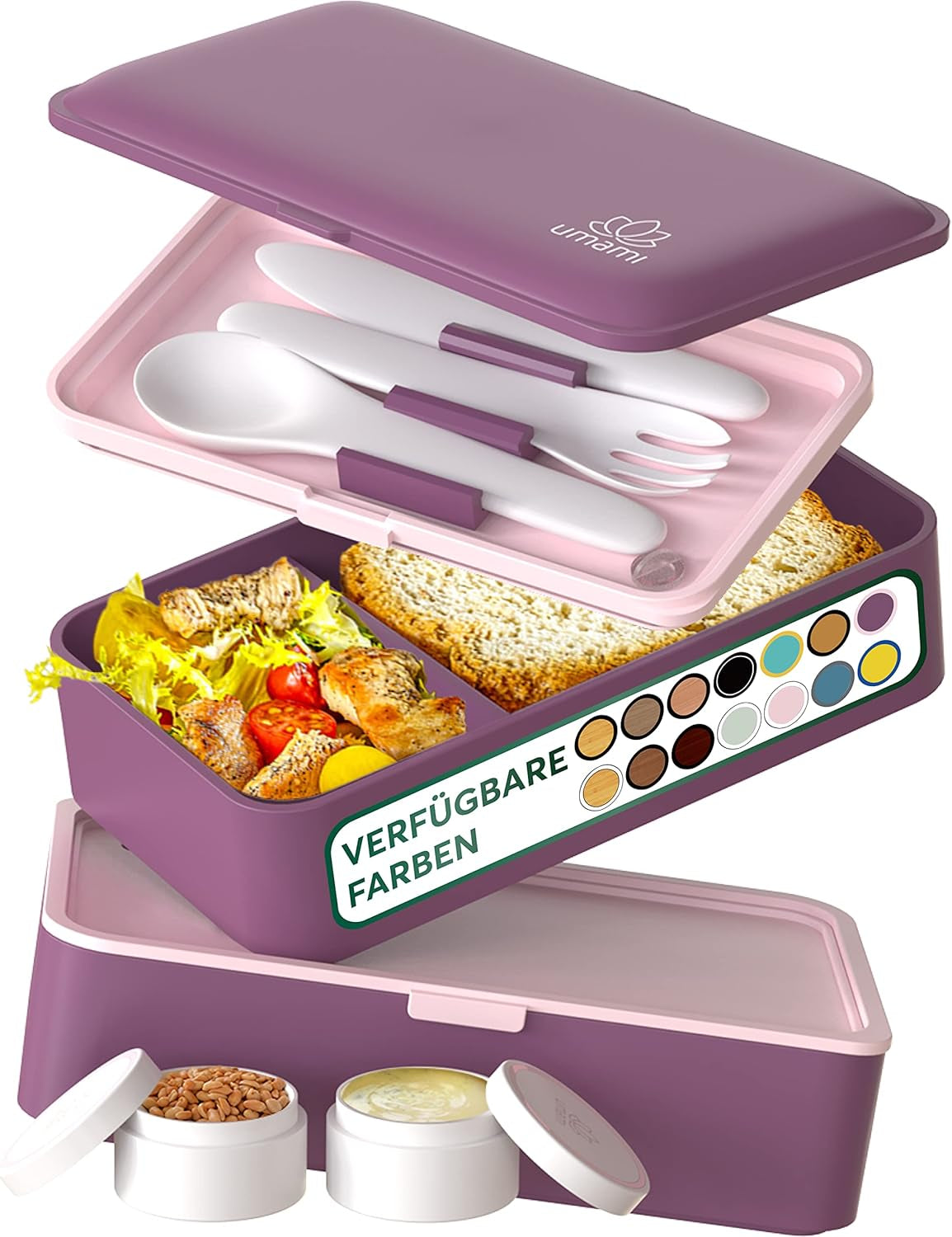 Portapranzo Umami per adulti, Bento Box impilabile a tenuta stagna con 4 posate e scomparti, Portapranzo per adulti, Contenitore per insalata da asporto, Portapranzo da picnic/ufficio, Grigio antracite, 1500 ml