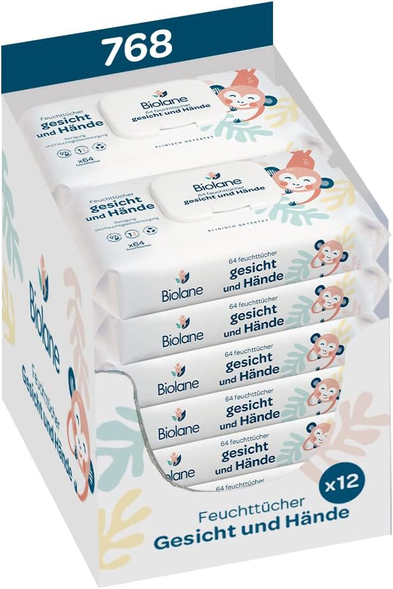 BIOLANE - Salviette umidificate per neonati, viso e mani - Salviette detergenti extra delicate per l'igiene - Salviette umidificate per neonati dalla nascita - Senza alcool - 12 x 64 salviette (768 salviette)