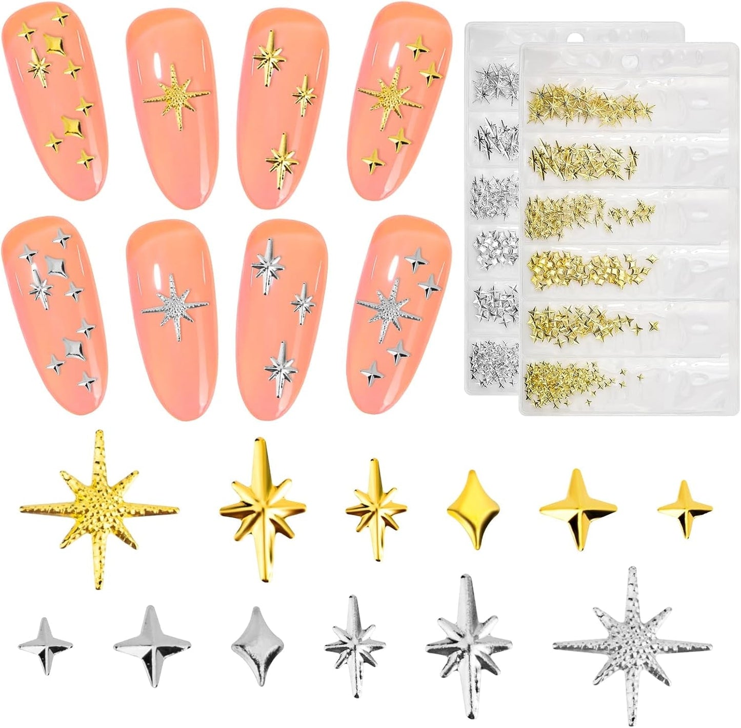 400 Pezzi Oro Argento Stern Nail Charms Nägel, 3D Metall Star Nagelkunst Dekorations, Star Nail Design Gemischt Größe Form Nägel Zubehör