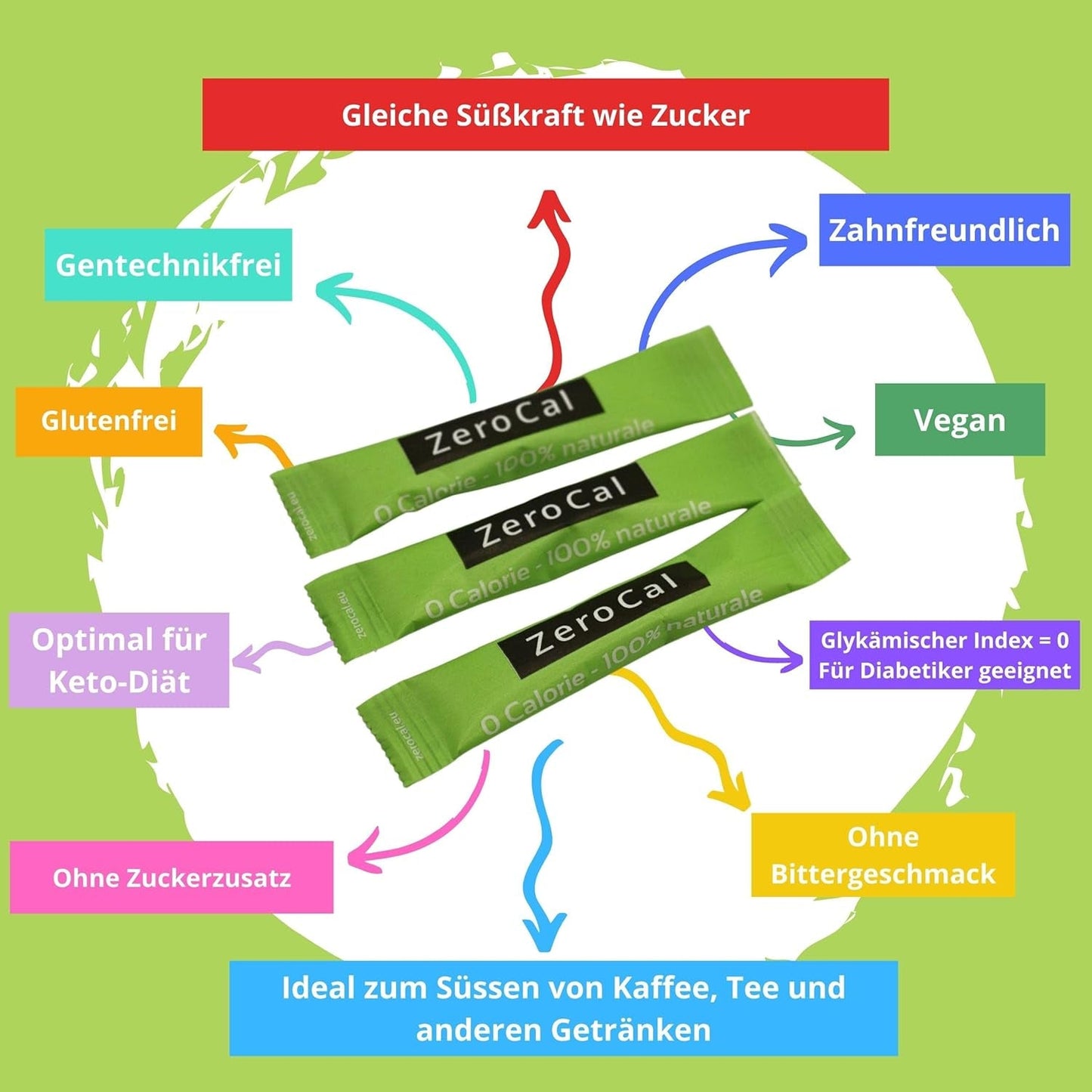 Zerocal - 1:1 (Eritritolo + Stevia) 100 Stick Je 3 G | Ideale per dolcificare caffè, tè e altre bevande Gleiche Süßkraft Von Zucker | Senza glutine, vegano, senza OGM | Kalorien und GI = 0 Dolcificanti Naty Shop