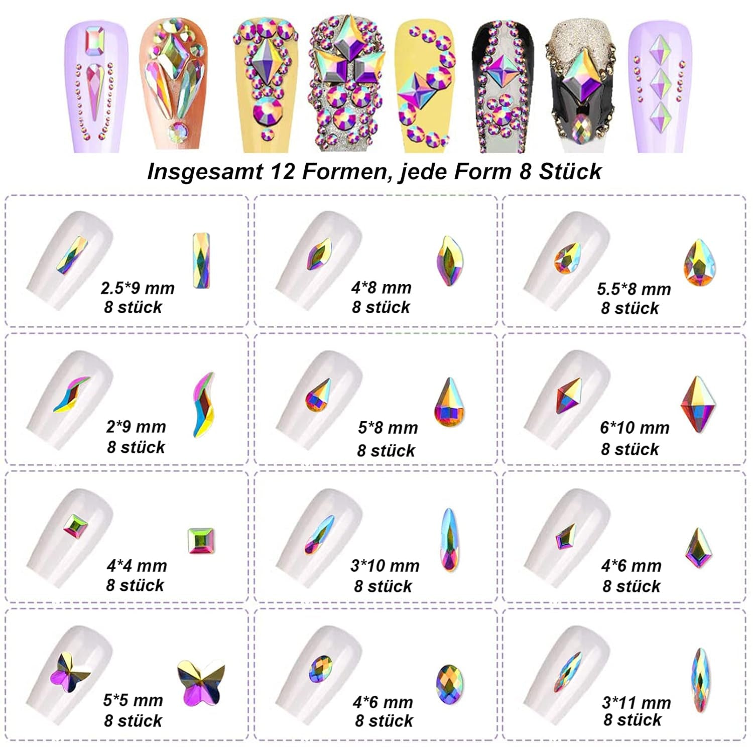 Set 3200 pietre per unghie FITDON Pietre AB in vetro multiforma e pietre AB con diamanti trasparenti per decorazioni per unghie Kit fai da te Gioielli Portachiavi Accessori per unghie