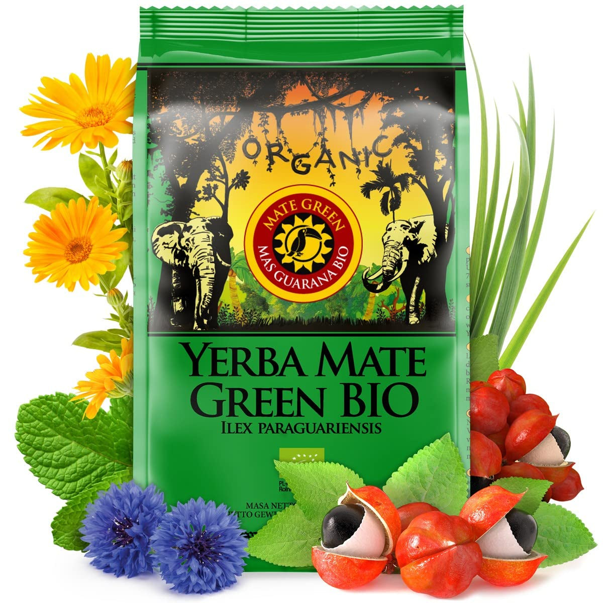 Tè Mate Biologico Raccolto Tradizionalmente, Essiccato Senza Fumo | Mate Tè Mas Guaranà BIO 200G | Foglie biologiche sfuse | Con Guaranà, Foglie Di Menta, Citronella, Fiori Di Fiordaliso
