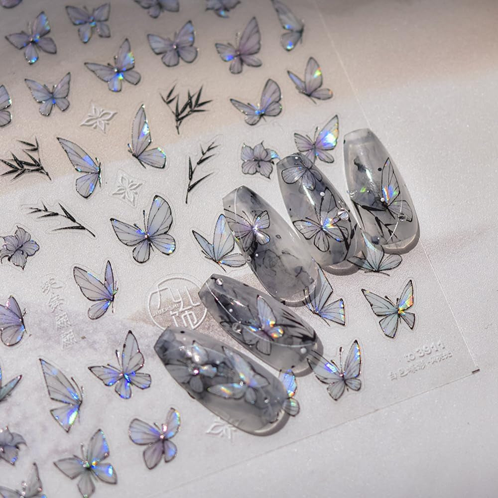 2 Blätter Schmetterling Nagelsticker Selbstklebend,Muschel Glitzer Nail Art Farfalla Adesivo per unghie Lila Grau Schmetterlinge Nagelaufkleber Relief Laser Farfalle Nagel Sticker Nageldesign Zubehör