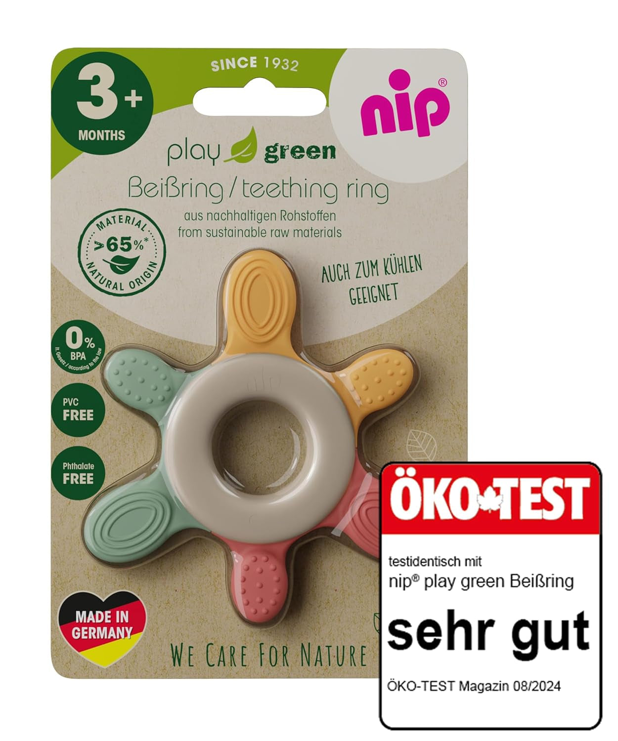 nip – Anello da dentizione | Anello da dentizione sostenibile per bambini a partire da 3 mesi, realizzato con oltre il 65% di materie prime naturali. Per un massaggio delicato delle gengive, della lingua e dei denti | Rosso/Verde/Arancione