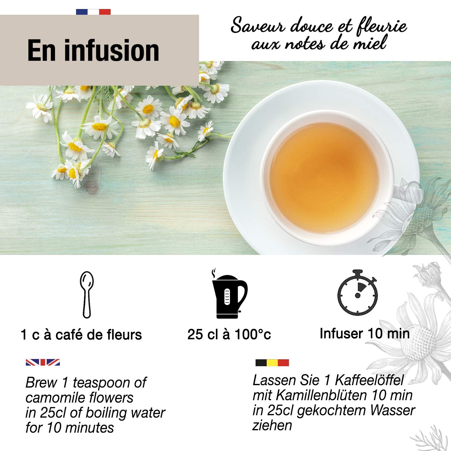 ORIGEENS Tisana ai fiori di camomilla biologica dall'Europa, 100 g | Tè sfuso, tè biologico per il sonno e la digestione | Camomilla tedesca | Certificato e confezionato in Germania