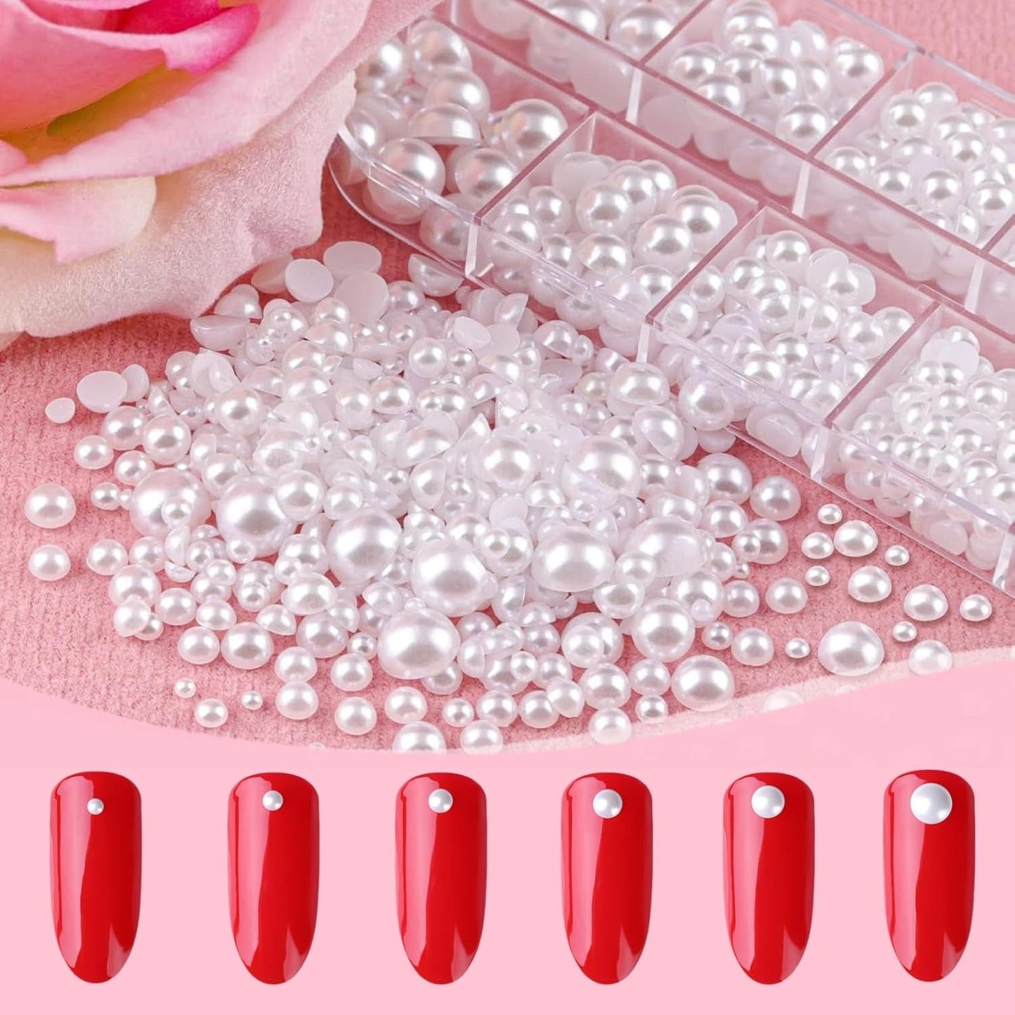12 Größen Nail Art Perlen, Flache Perlen, Nail Art Accessori, Halbkreis Nagelperlen, Weiße Nail Charms Und Glitzersteine ​​​​Nägel Für Nail Art Design, DIY Basteln, Alltag, Hochzeit (2 Boxes)