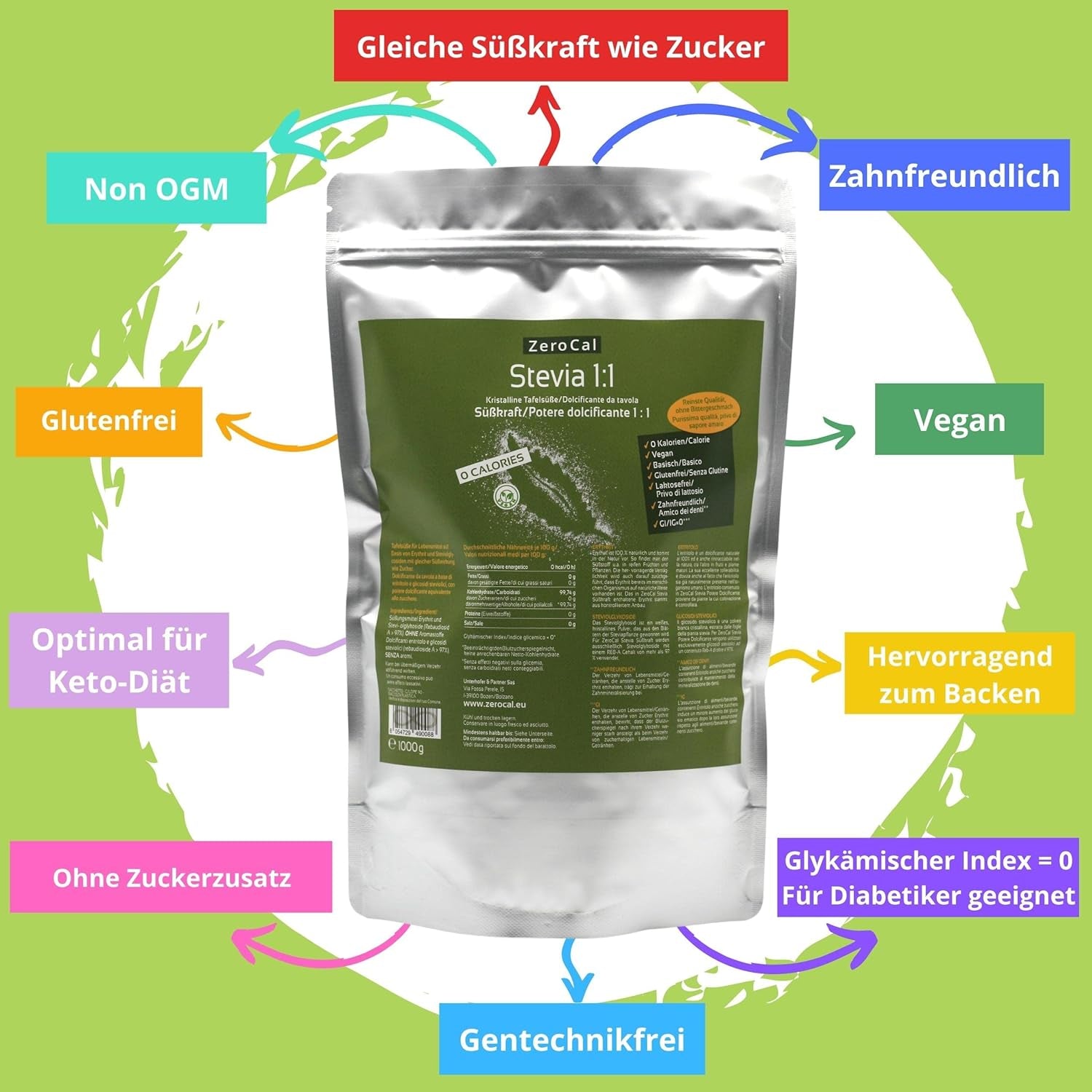 Stevia 1:1 (Erythrit - Stevia) - Natürlicher Zuckerersatzstoff, 1000 G Dolcificanti Naty Shop