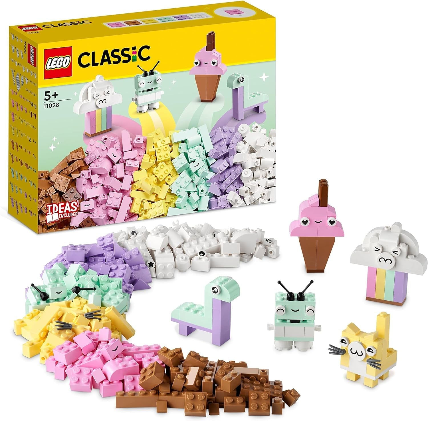 LEGO 11028 Classico set da costruzione creativo pastello Scatola di mattoncini, giocattolo da costruzione per ragazze e ragazzi dai 5 anni in su con modelli; gelato, dinosauro, gatto e altro ancora Set da costruzione Acquista il LEGO-Store Single