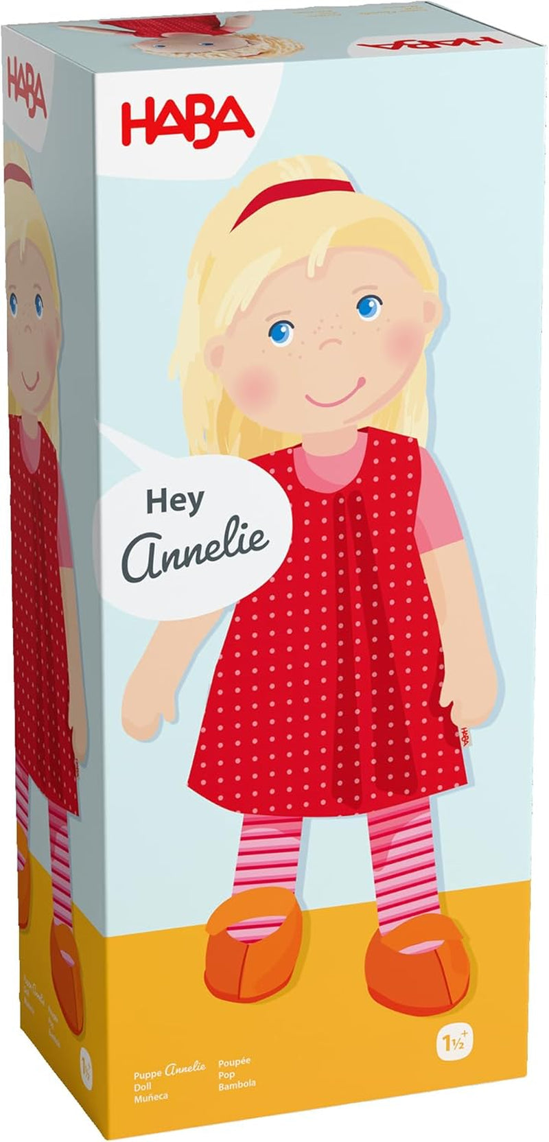HABA 302108 - Bambola Annelie, bambola di stoffa con vestiti e capelli, 30 cm, giocattolo da 18 mesi, rosso Bambole Naty Shop