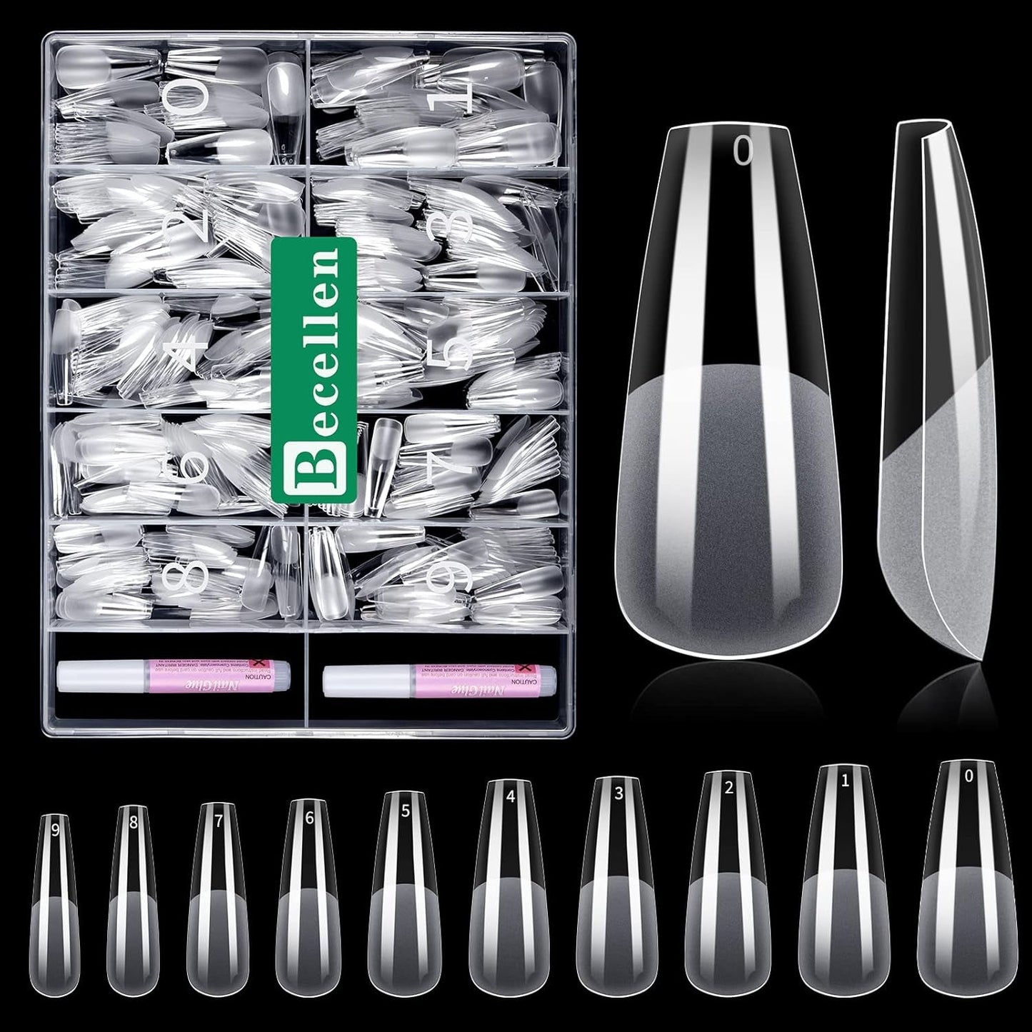Becellen 500 punte per unghie artificiali, punte per unghie in gel morbido, copertura completa, punte per unghie in gel, unghie artificiali pre-lucidate, set di colla per nail art fai da te (mandorle)