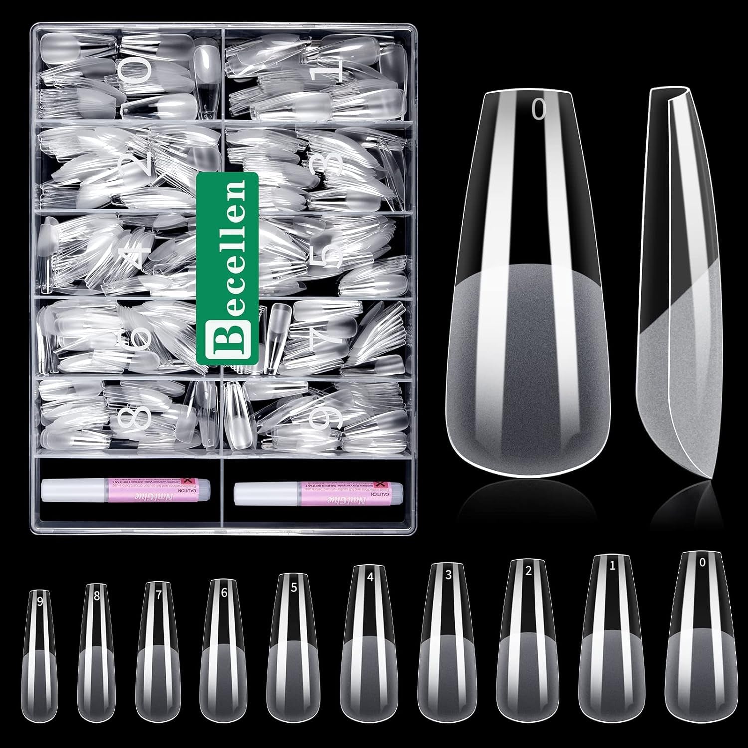 Becellen 500 punte per unghie artificiali, punte per unghie in gel morbido, copertura completa, punte per unghie in gel, unghie artificiali pre-lucidate, set di colla per nail art fai da te (mandorle)