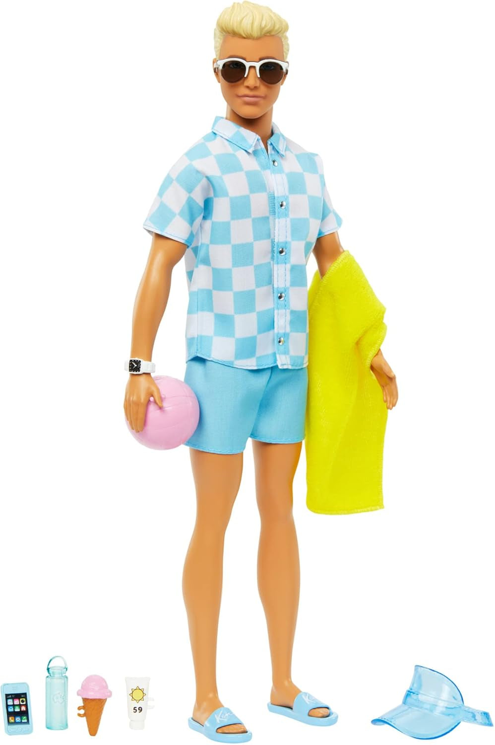 Barbie Ken - Bambola bionda con camicia blu e grembiule da bagno, accessori da spiaggia e pallone da spiaggia per gioco creativo, dai 3 anni in su, HPL74