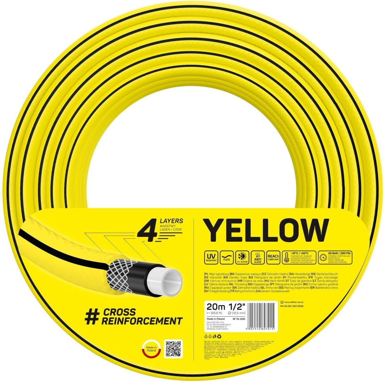 Tubo da giardino Cellfast GIALLO, leggero, durevole, 4 capi, treccia incrociata durevole, resistente ai raggi UV e alle alghe, resistente alla torsione, tecnologia REACH, 20 bar, -10/+50°C, chiusura: 1/2", 20m