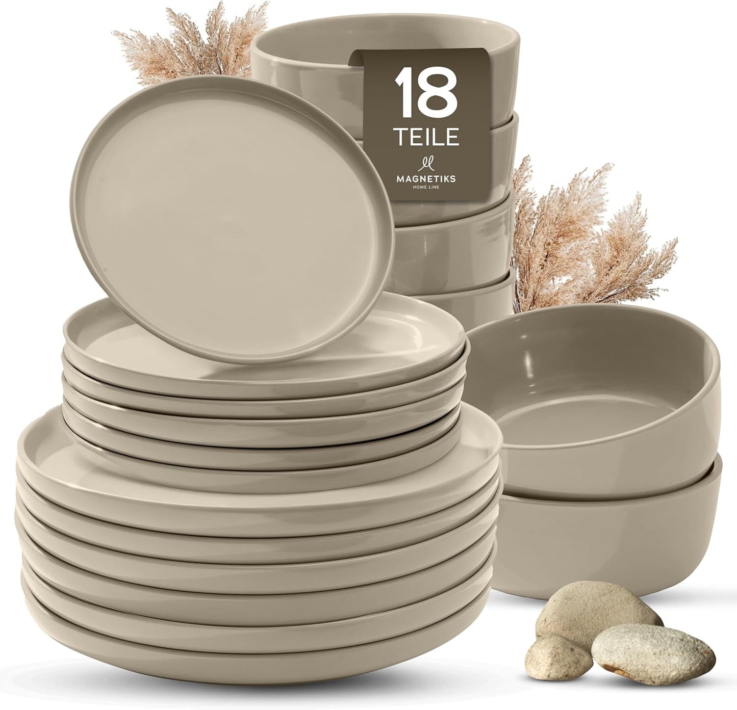 Servizio Piatti in Gres Porcellanato per 6, 18 Pezzi - Più Forte e Antigraffio dei Piatti e delle Ciotole in Terracotta, Beige Lucido | Il servizio tavola comprende 6 piatti piani, 6 piatti dessert e 6 ciotole -