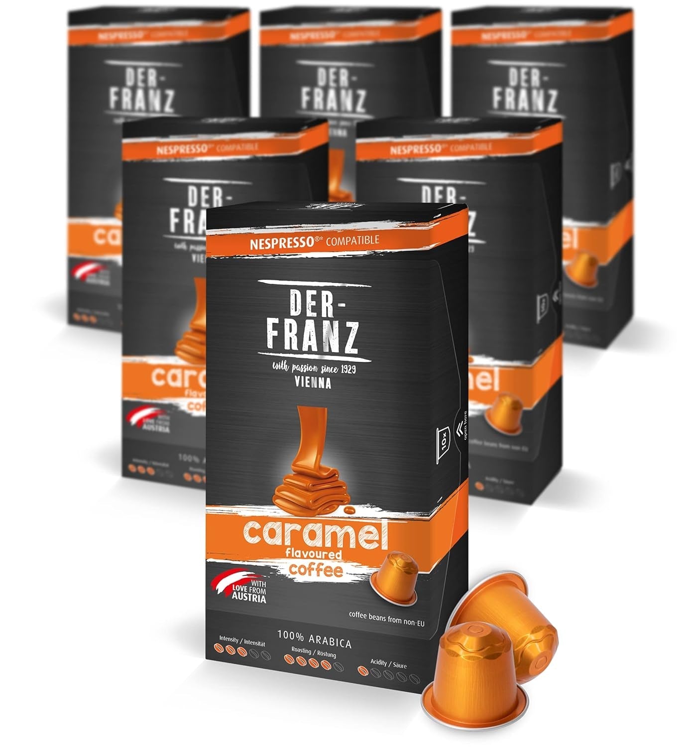 Capsule di caffè compatibili Der-Franz Nespresso, 6 x 10 capsule, aroma di caramello, tostatura media